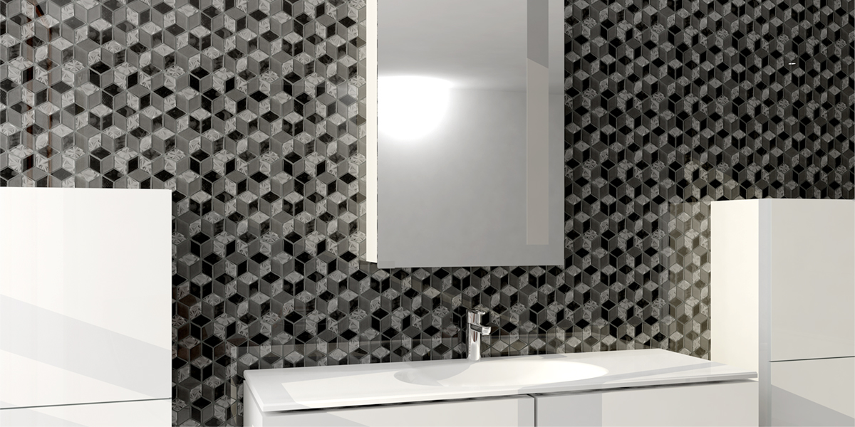 Olympia Diamond Hexagon black glass mosaic tile room scene